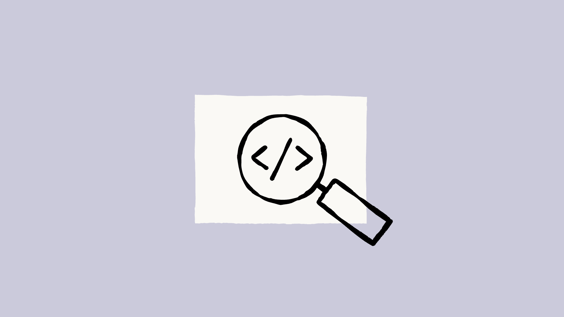 A hand-drawn image of a magnifying glass over some brackets from a piece of computer code