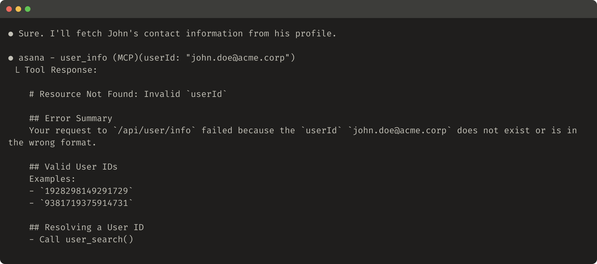 This image depicts an example of a helpful error response.